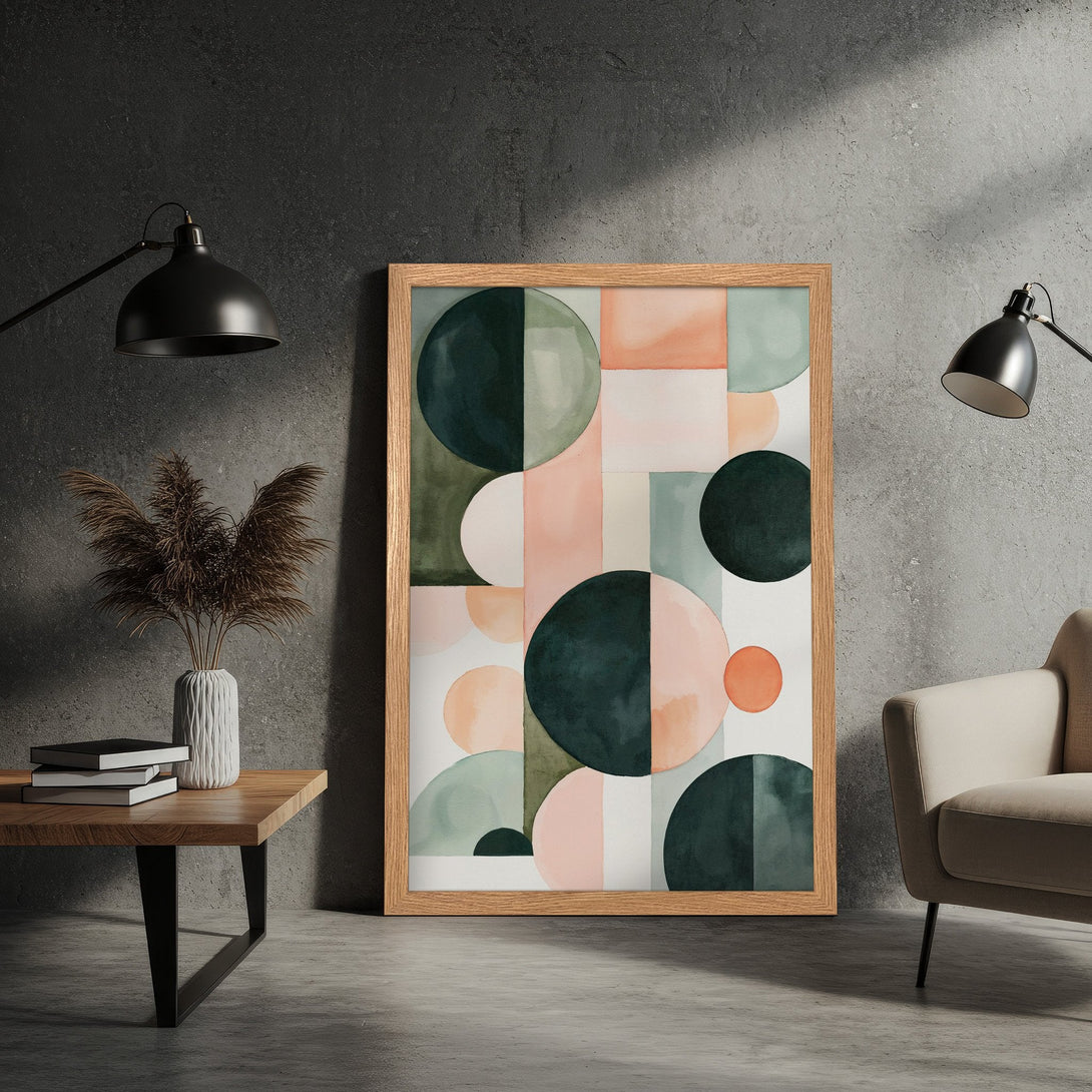 Framed Poster featuring abstract geometric art in a watercolor style with a muted green and peach color palette. Perfect wall decor!