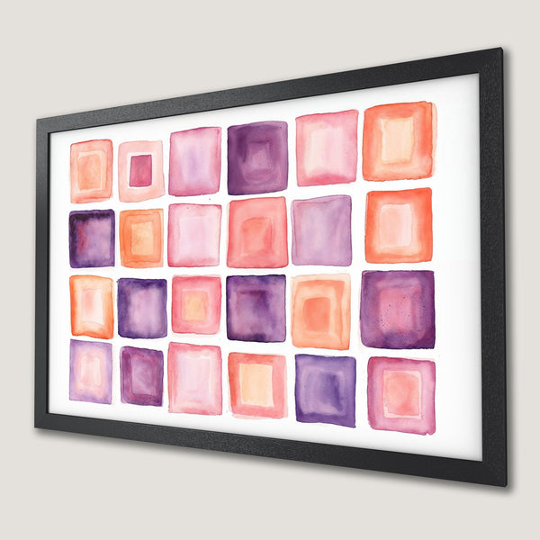 Framed Poster: Watercolor squares art print in purple & orange hues. Modern wall decor.