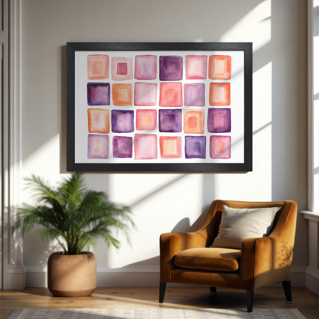 Framed Poster featuring abstract watercolor squares in a warm orange and purple palette. Adds a touch of art to any space!
