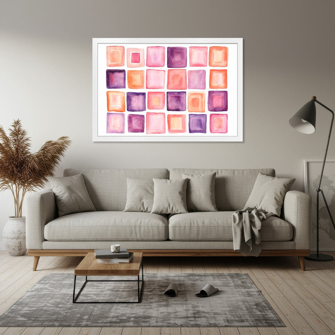 Framed Poster featuring watercolor squares in pink, orange, and purple hues. Modern art style, perfect for home decor.