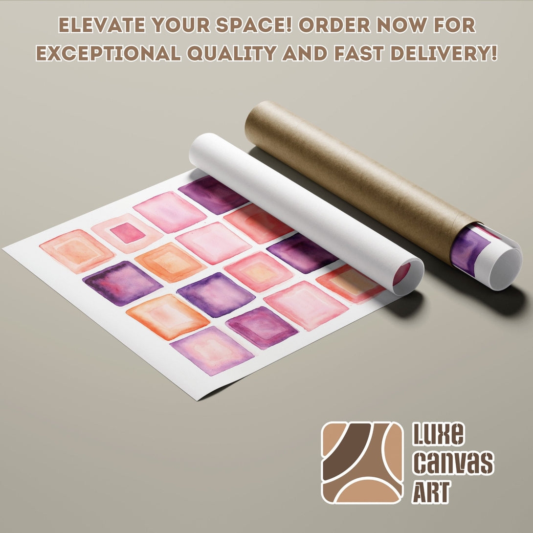 Watercolor Poster Roll with abstract squares in pinks, purples, and oranges. Elevate your space!