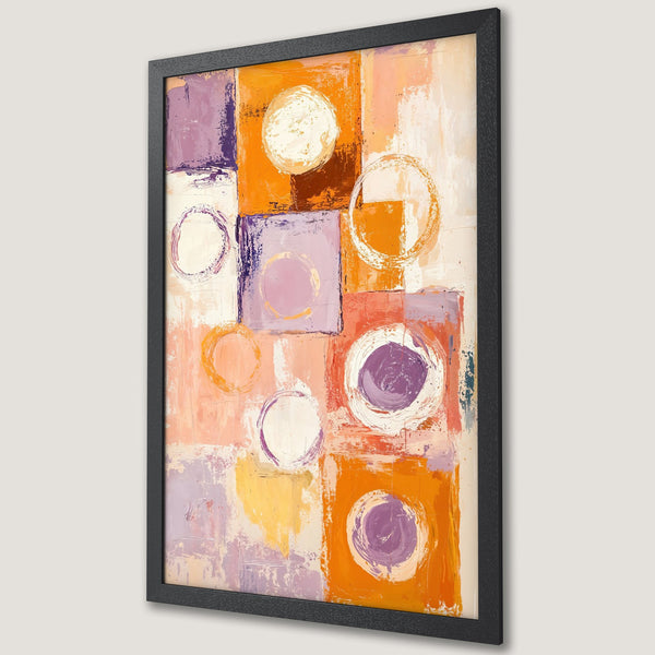 Framed Poster featuring an abstract geometric design with circles and squares in a warm, colorful palette of orange, purple, and pink.