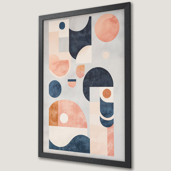 Framed Poster featuring abstract geometric shapes in a minimalist style with a calming color palette of blue, peach, and neutral tones. Perfect wall art.