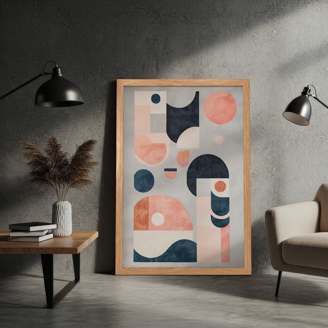 Framed Poster featuring abstract geometric art in a modern style with a muted pink and blue color palette. Perfect for home decor!