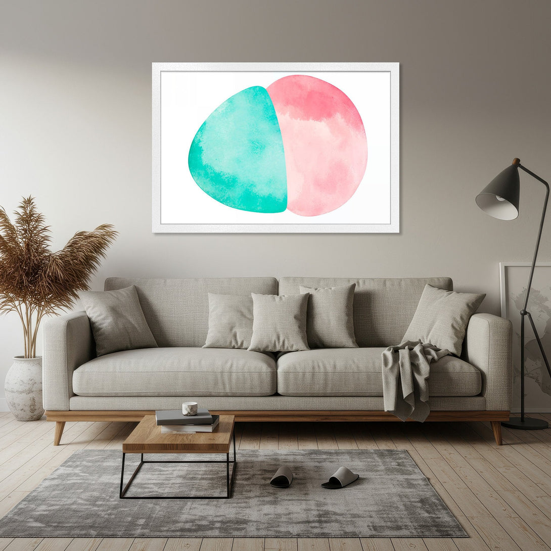 Framed Poster featuring abstract watercolor art in teal and pink. Modern decor with a calming color palette. Shop now!