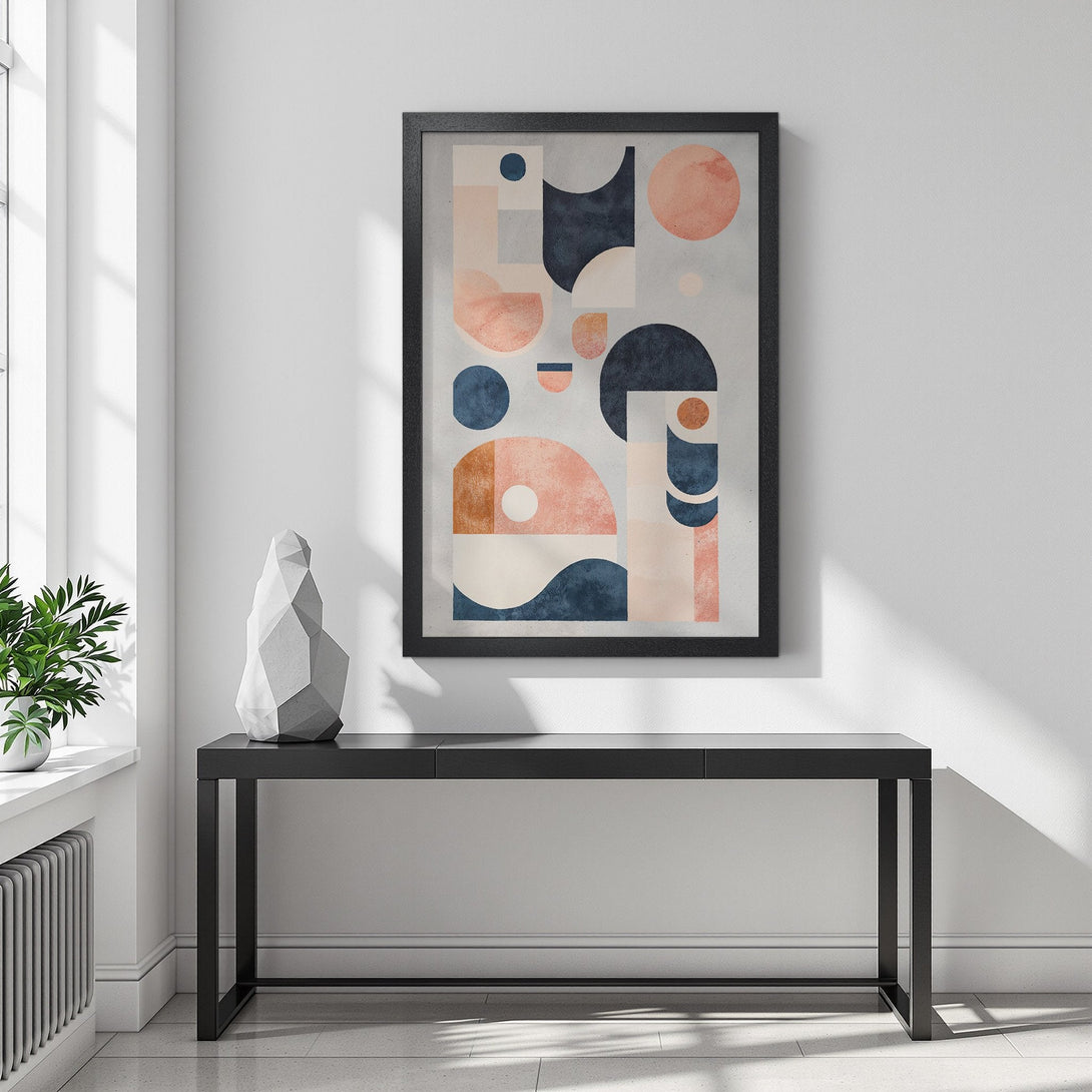 Framed Poster with abstract geometric design in blush, navy, and neutral tones. Modern art for your home!