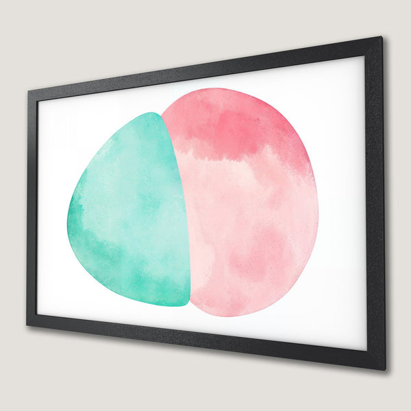 Framed Poster featuring abstract watercolor art in teal and pink. Modern wall decor for your home.