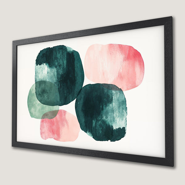 Framed Poster featuring abstract watercolor art in teal, pink, and green. Modern wall art for your home.