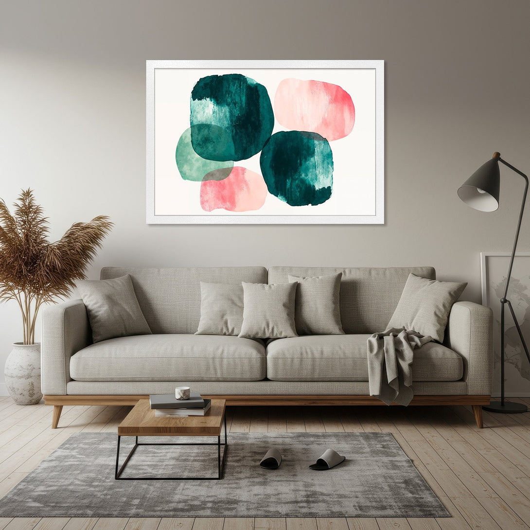 Framed Poster featuring abstract watercolor shapes in teal and pink, modern art for home decor.