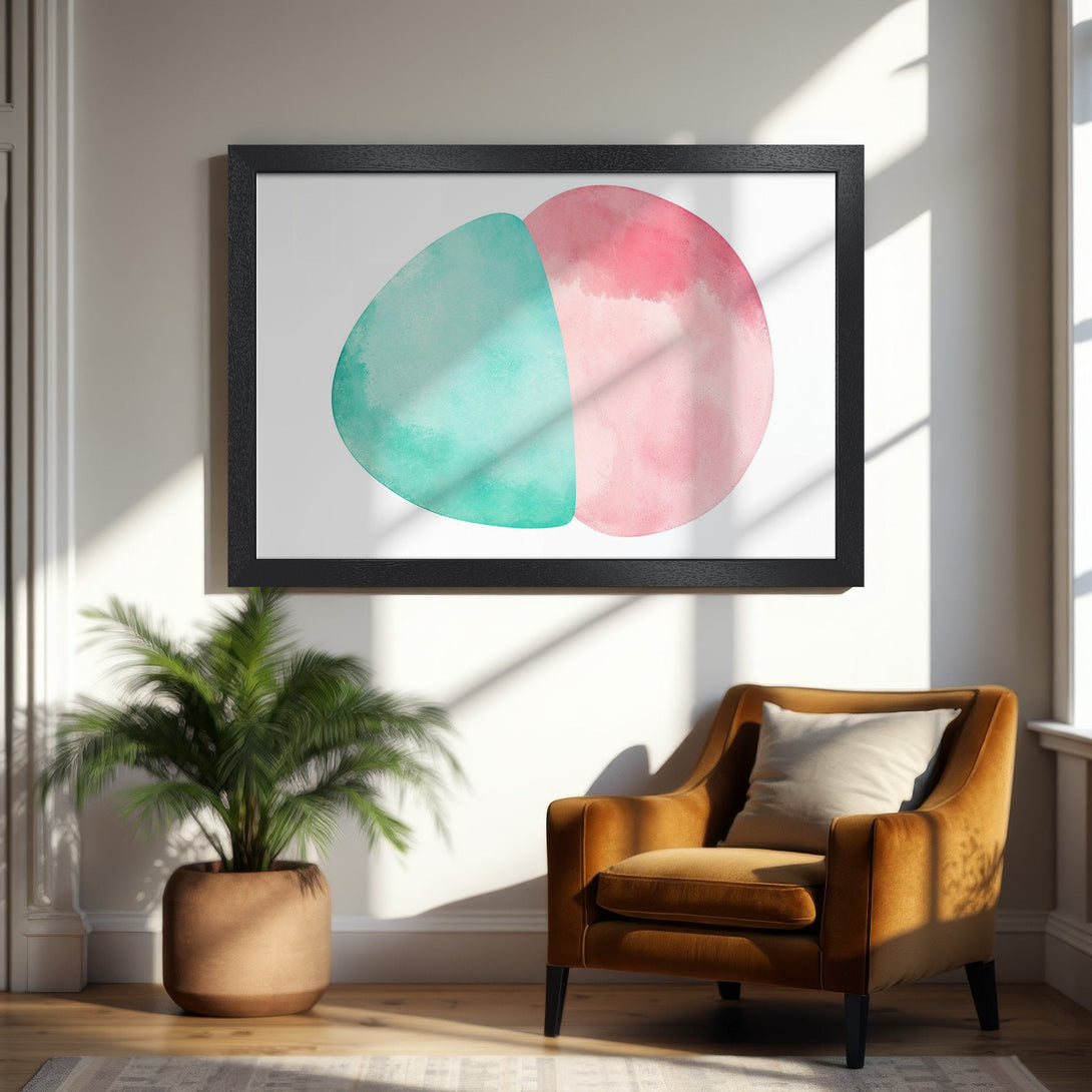 Framed Poster featuring abstract watercolor art in pink and teal. Modern wall decor for home or office.