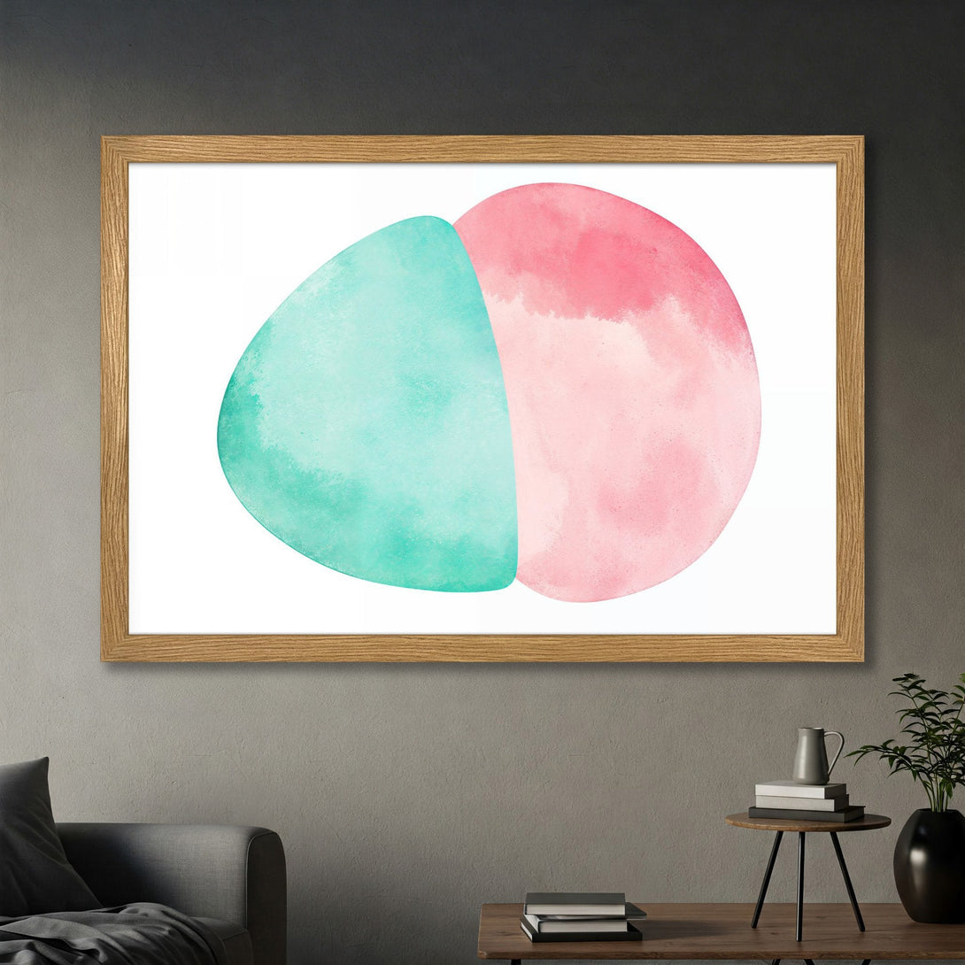 Framed Poster featuring abstract watercolor shapes in pink and teal, modern art for home decor.