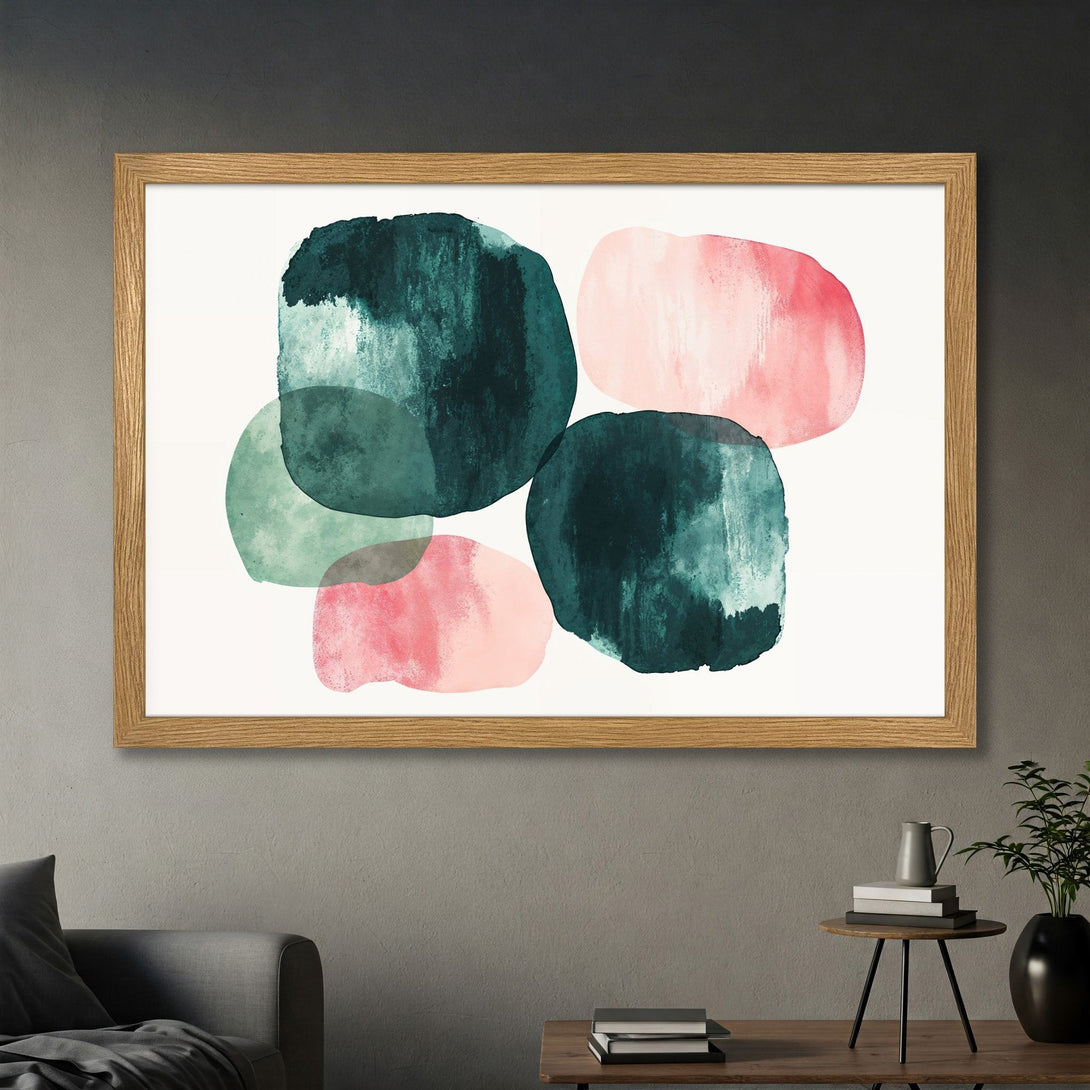 Framed Poster featuring abstract watercolor art with teal and pink hues. Modern wall art for home decor.