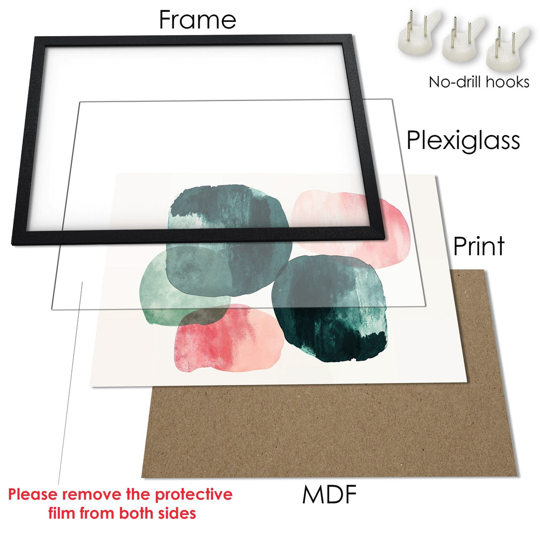 Framed Poster with abstract art in teal, pink, and cream tones. Modern wall art for any space.