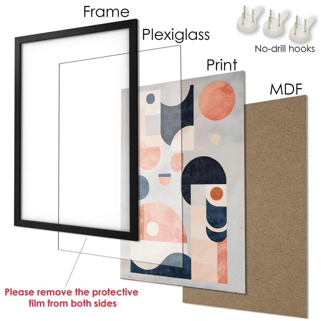 Framed Poster featuring abstract geometric art in a modern style with a muted color palette of blush, navy, and gray. Ready to hang!