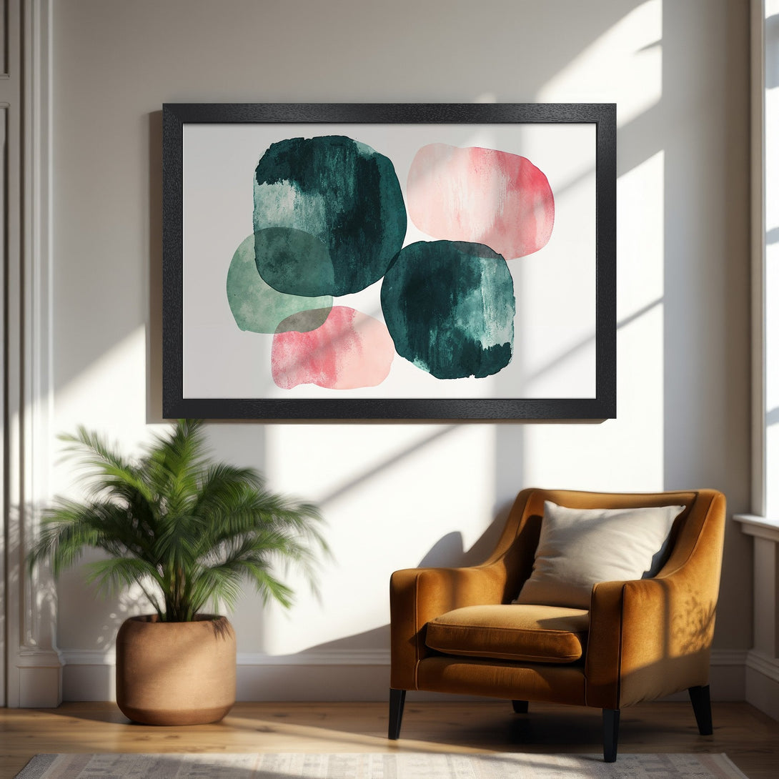 Framed Poster featuring abstract watercolor art in teal and pink hues. Modern wall decor for your home.