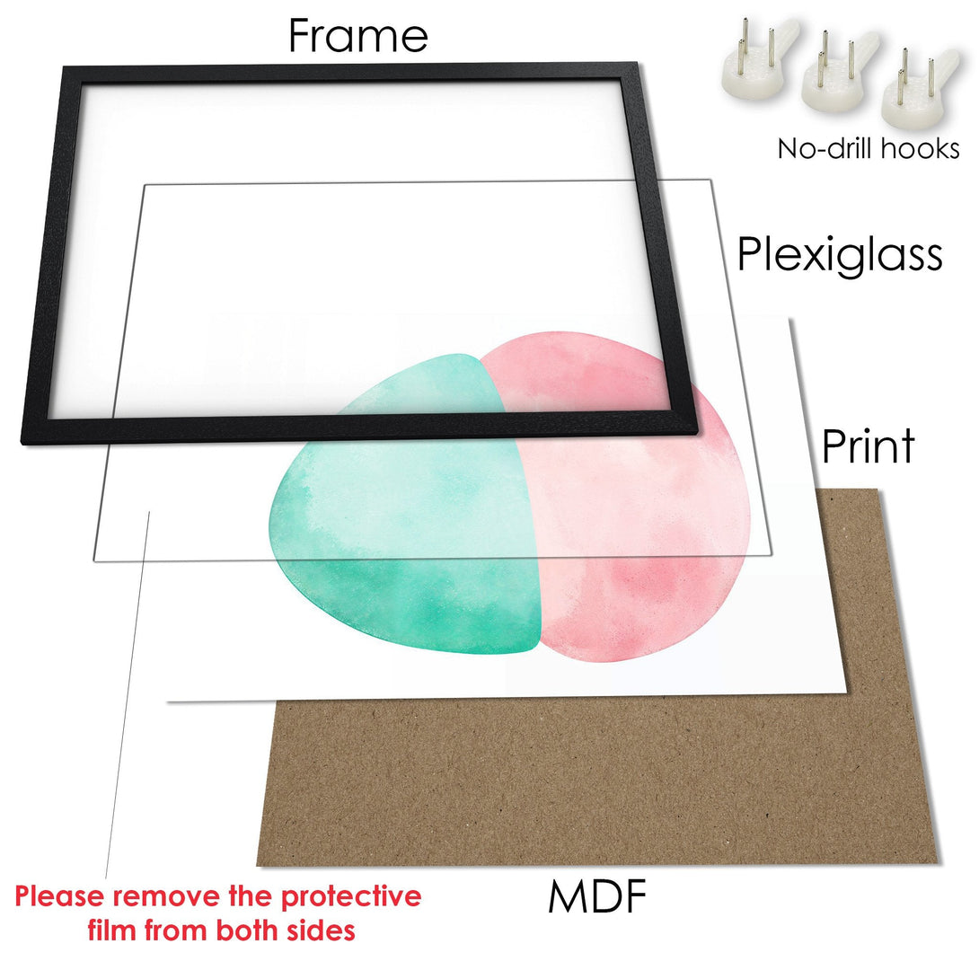 Framed Poster with abstract watercolor design in pink and teal. Modern art for your home!