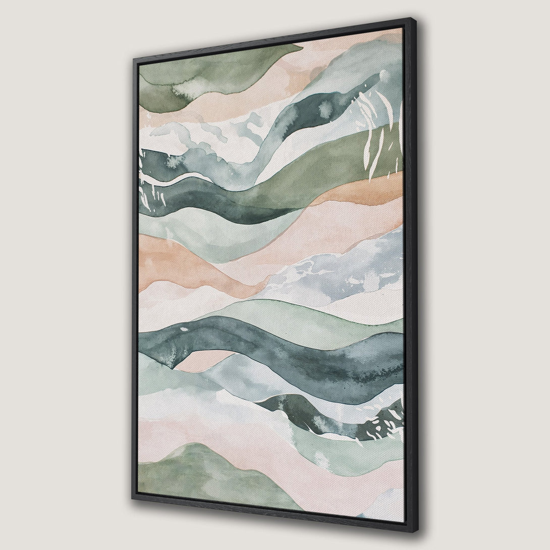 Framed Wall Art: Abstract watercolor landscape in muted greens, blues, and blush tones. Modern art print perfect for adding a touch of serenity to your space.