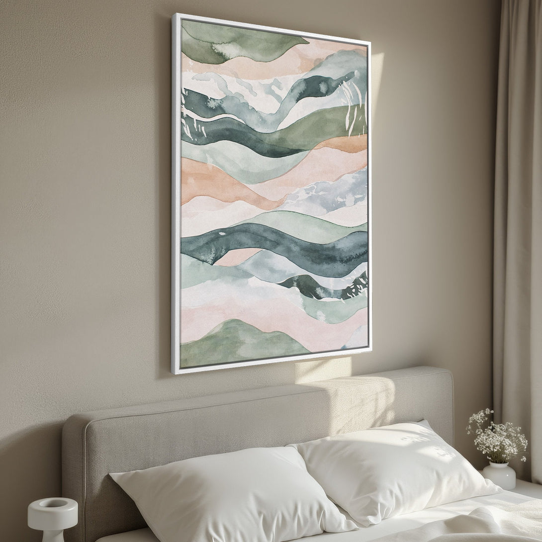 Framed Wall Art: Abstract watercolor landscape in calming green, peach, and blue hues. Modern art print perfect for bedroom decor.
