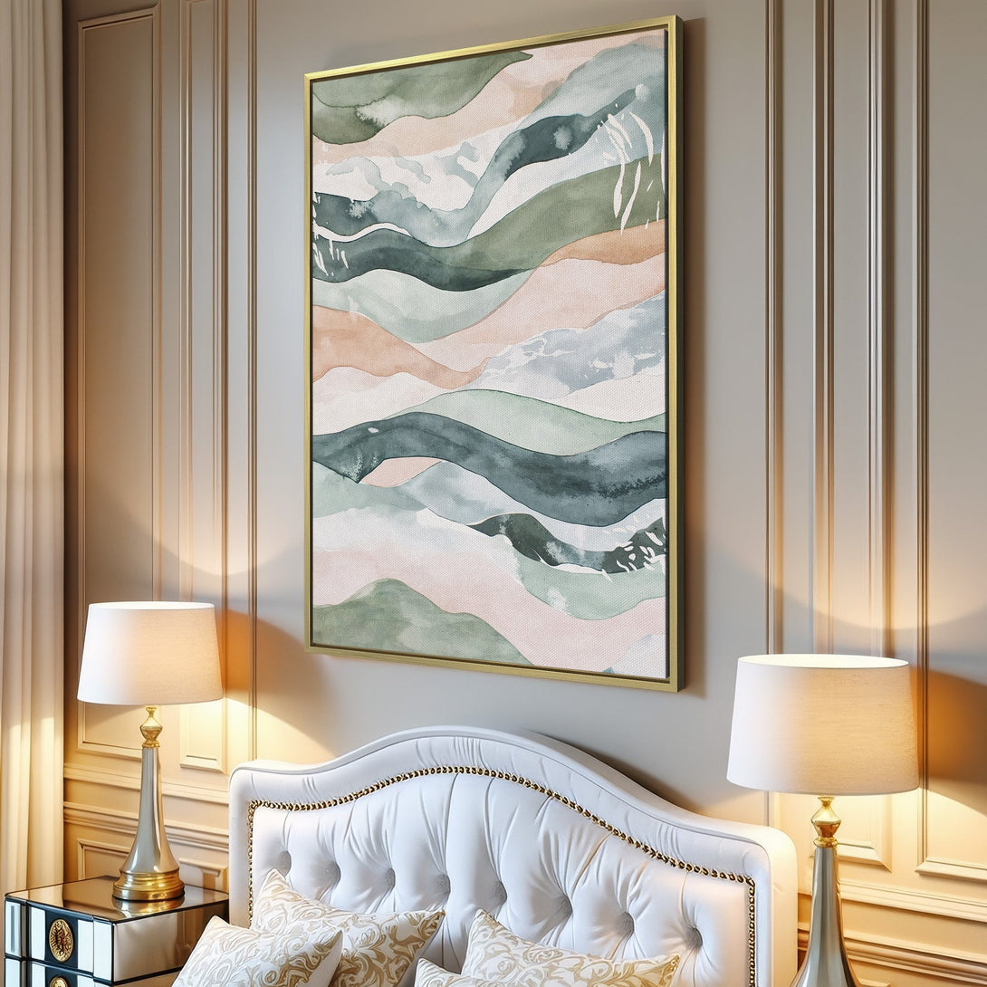 Canvas Print: Abstract watercolor landscape art in muted greens, pinks, and blues. Modern wall decor for a calming interior.