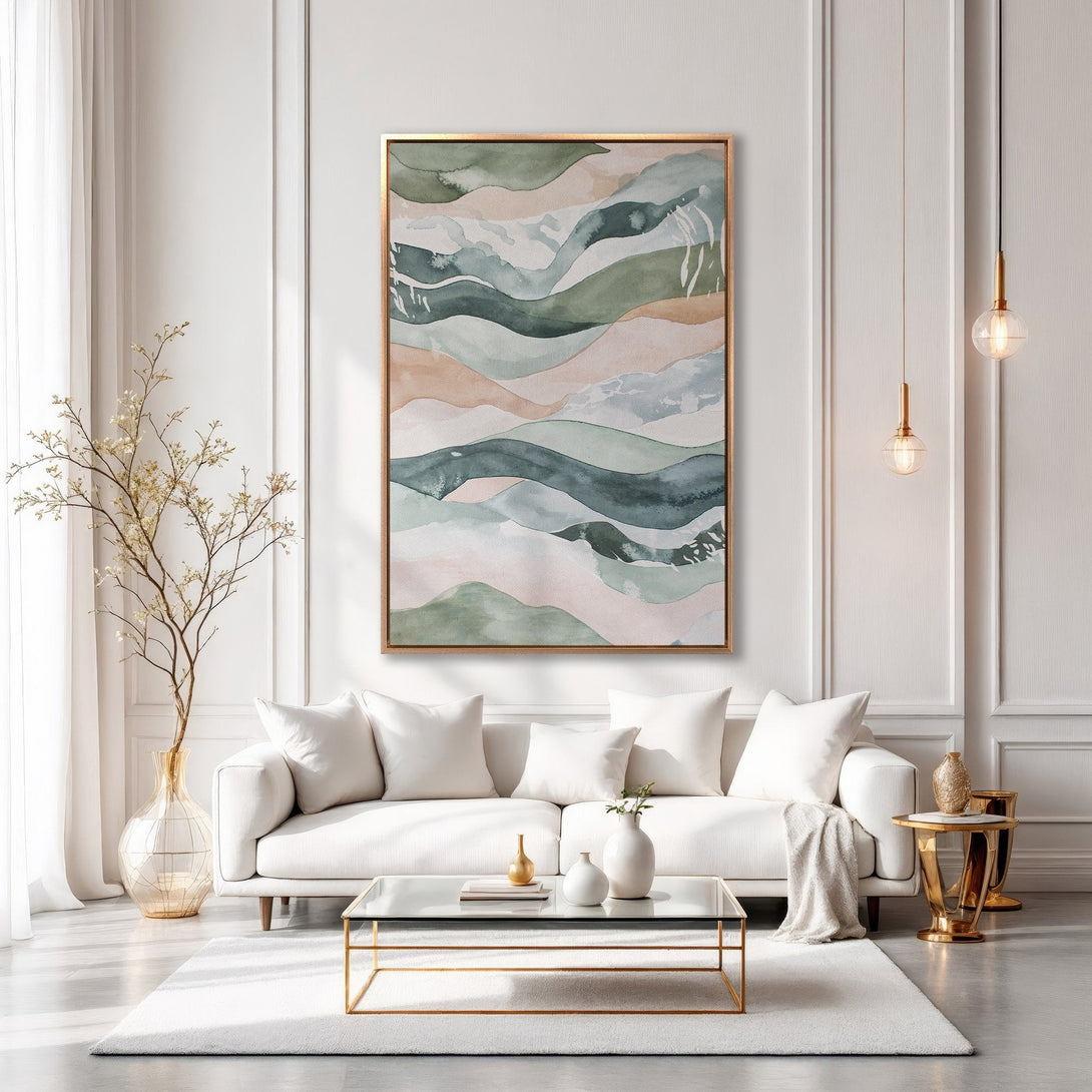 Framed Wall Art: Abstract watercolor landscape in green, blue, and peach tones. Modern decor inspiration for a stylish living room.