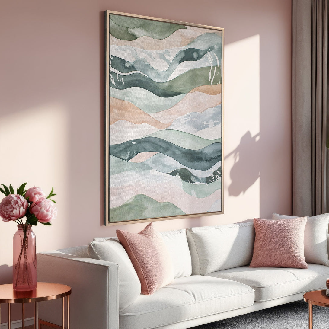 Framed Wall Art featuring abstract watercolor landscape in soft green, pink, and neutral tones. Modern art for a stylish living room.
