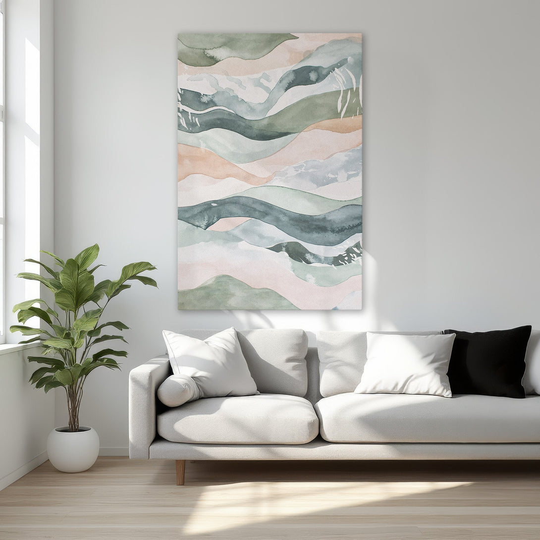 Framed Wall Art featuring abstract watercolor landscape in muted green, pink, and blue tones. Modern art for a stylish bedroom.