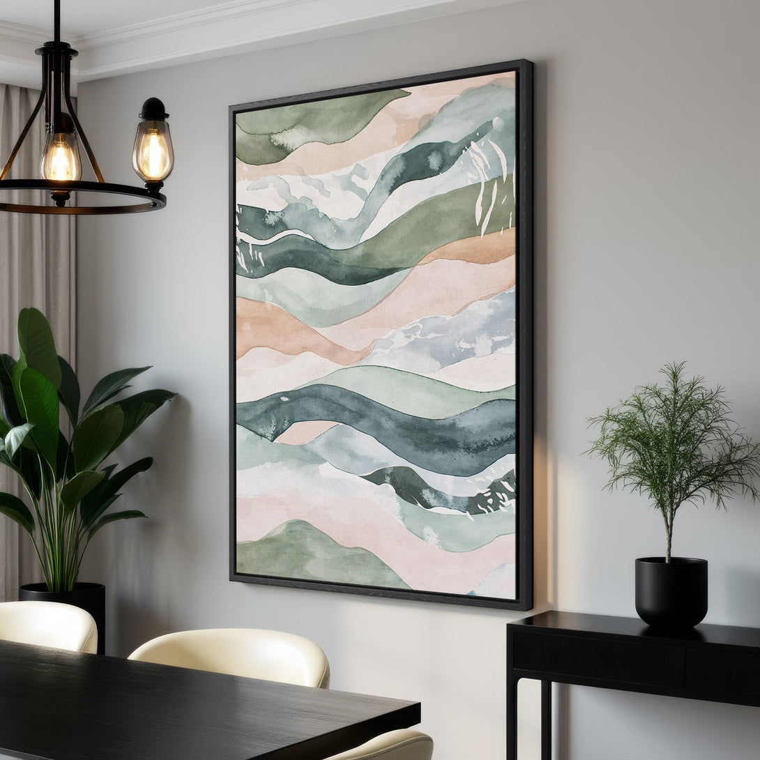 Framed Wall Art: Abstract watercolor landscape in calming green, blush, and neutral tones. Perfect for adding a touch of serenity to your home decor.
