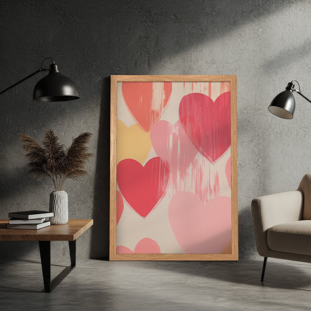 Framed Poster featuring abstract hearts in a warm, pink and red palette. Modern art print perfect for adding love and style to your space.