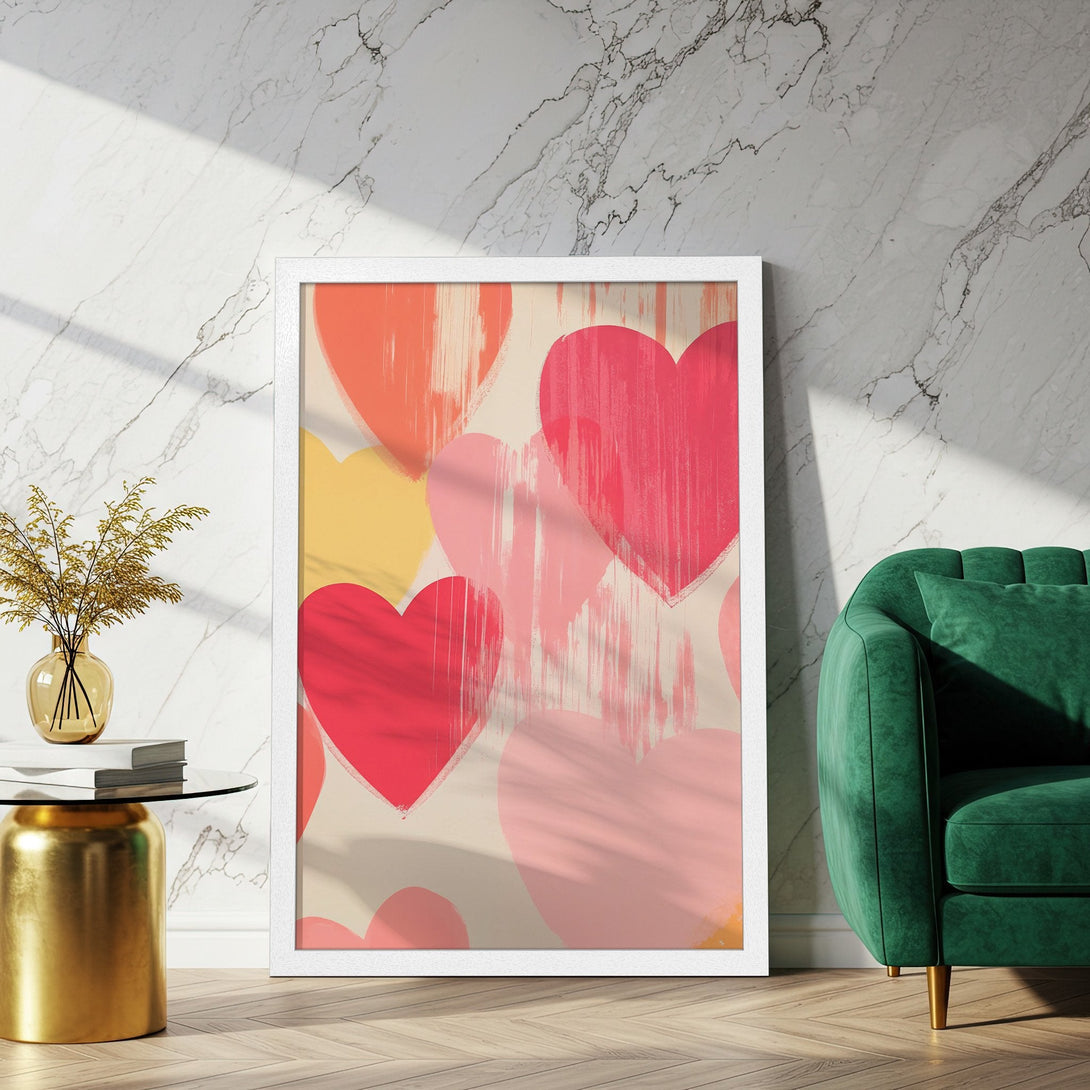 Framed Poster featuring abstract hearts in a warm, inviting color palette. Perfect wall art for a touch of love and style!
