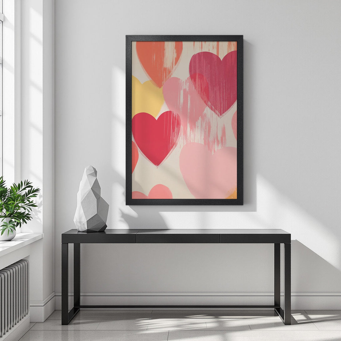 Framed Poster featuring colorful hearts in a modern style, with a warm, inviting pink and orange color palette. Perfect wall art!