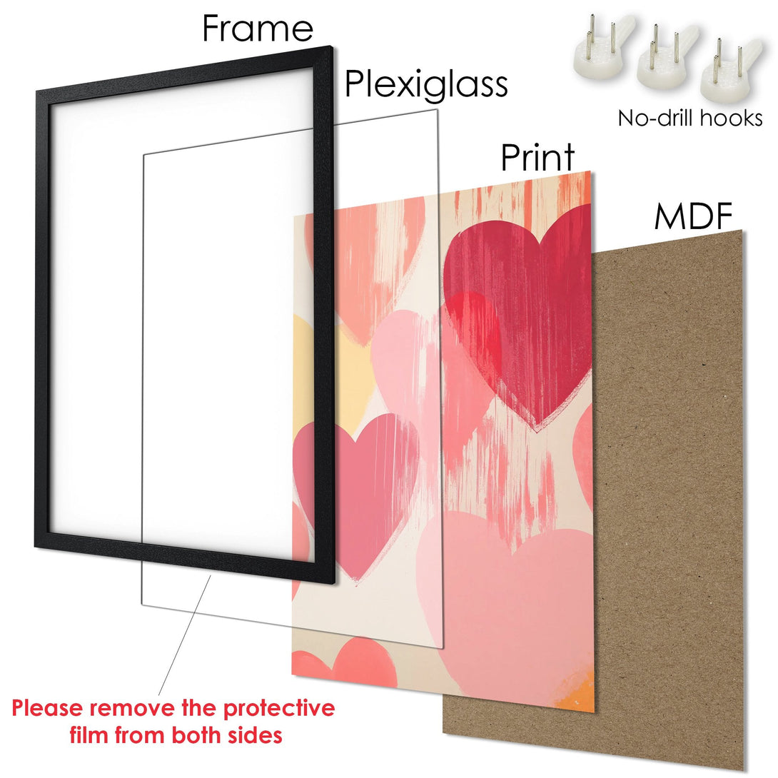 Framed Poster with heart art in pink and red hues. Modern style, perfect for a romantic touch.