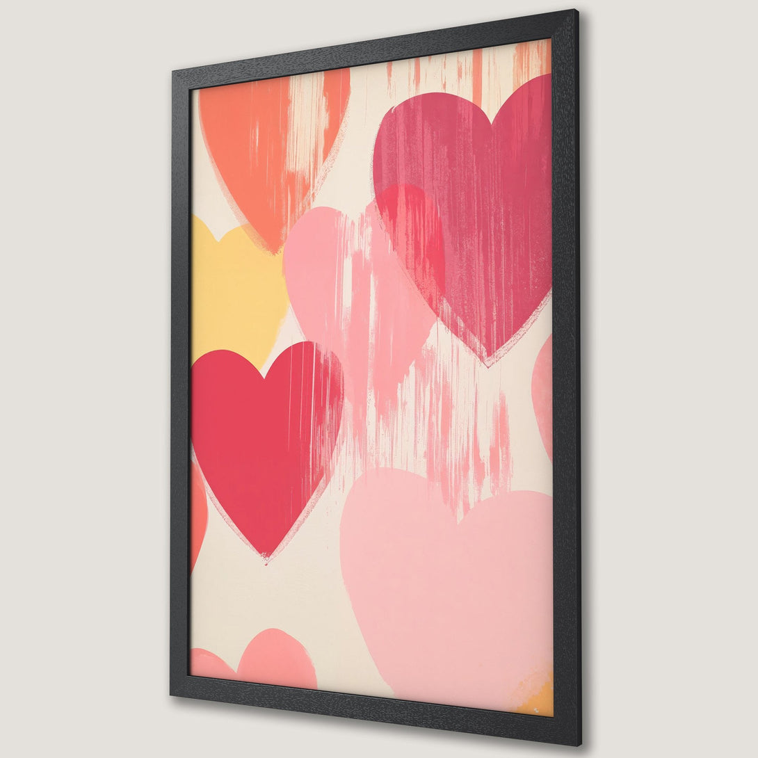 Framed Poster featuring abstract hearts in pink, red, and yellow hues. Modern art style, perfect for adding love and color to any space.
