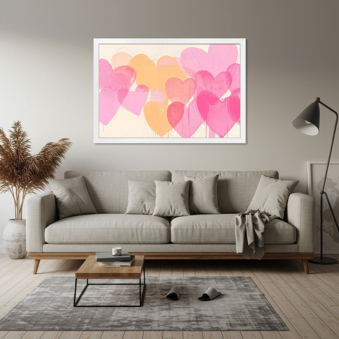 Framed Poster featuring abstract pink and orange hearts. Modern art style, soft pastel color palette, perfect for home decor.