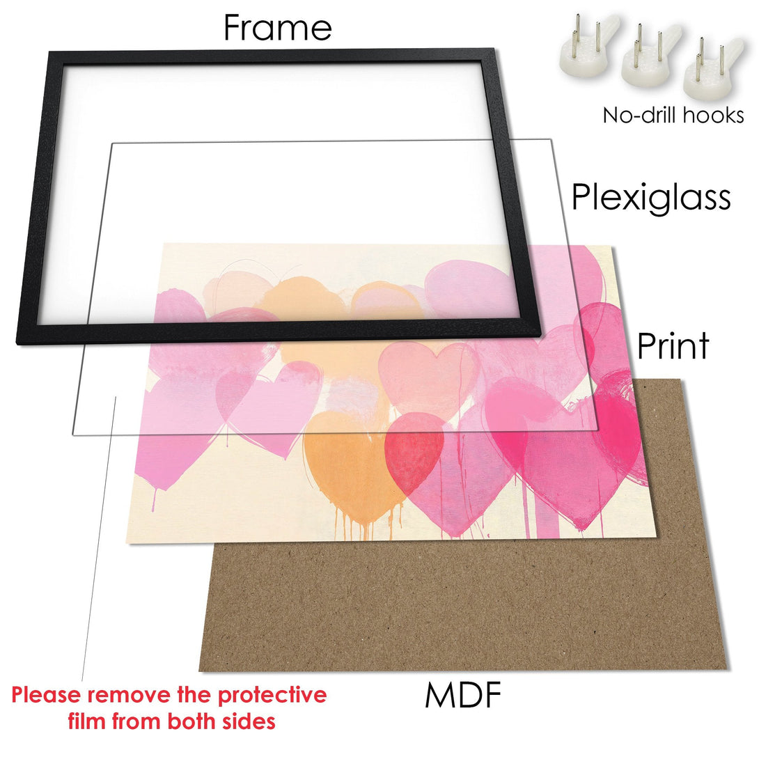 Framed Poster with abstract hearts art. Pastel pink, orange, and cream color palette. Modern wall decor.