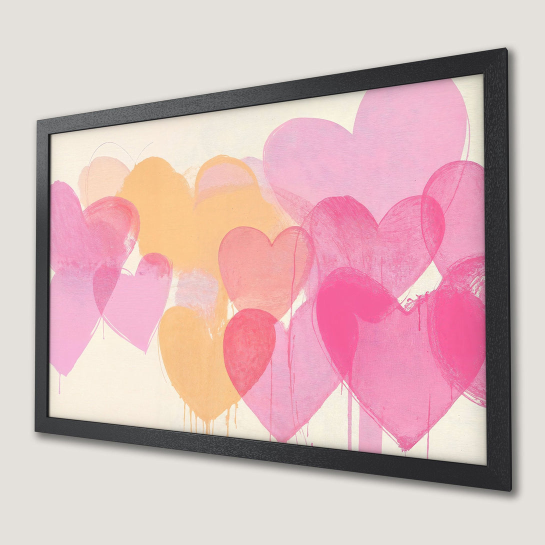 Framed Poster featuring abstract hearts in pink and peach hues. Modern art print for a stylish home.