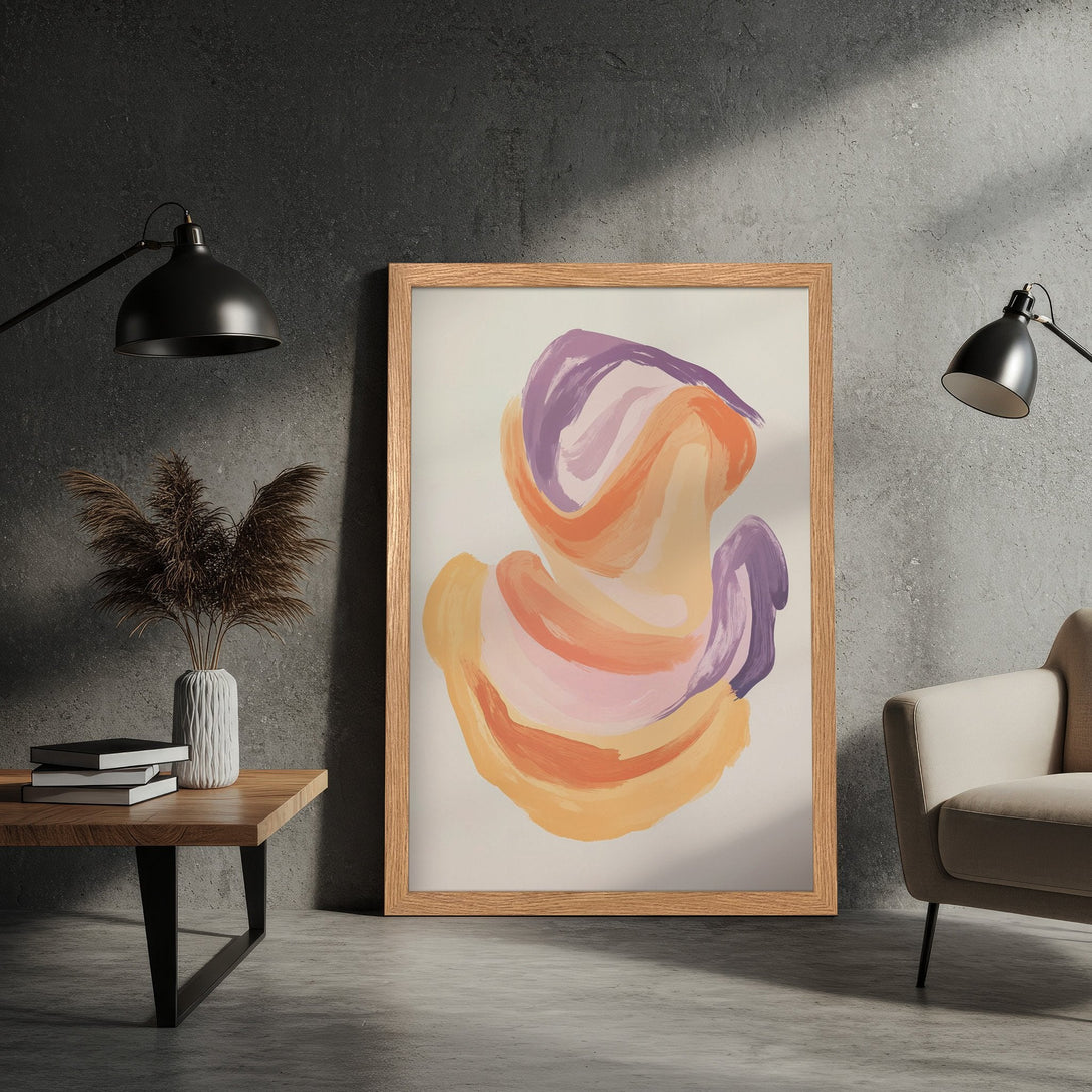 Framed Poster featuring abstract art in warm orange and purple hues. Modern art print for home decor.