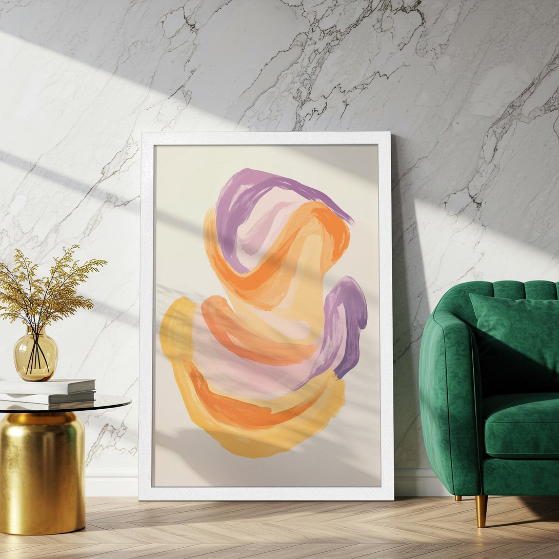 Framed Poster featuring abstract art in orange, purple, and yellow hues. Modern art print for stylish home decor.