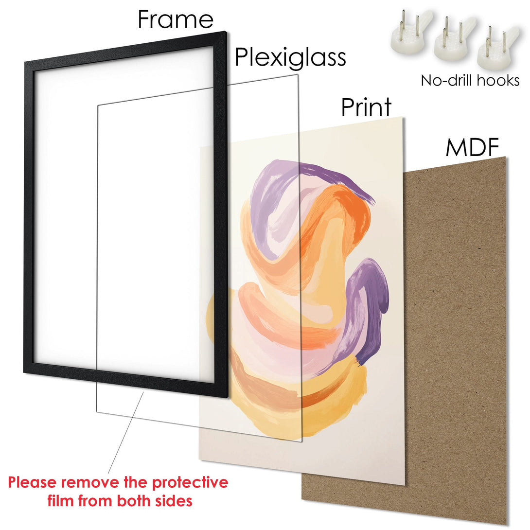 Framed Poster with abstract art in orange, purple, and yellow. Modern style, ready to hang!