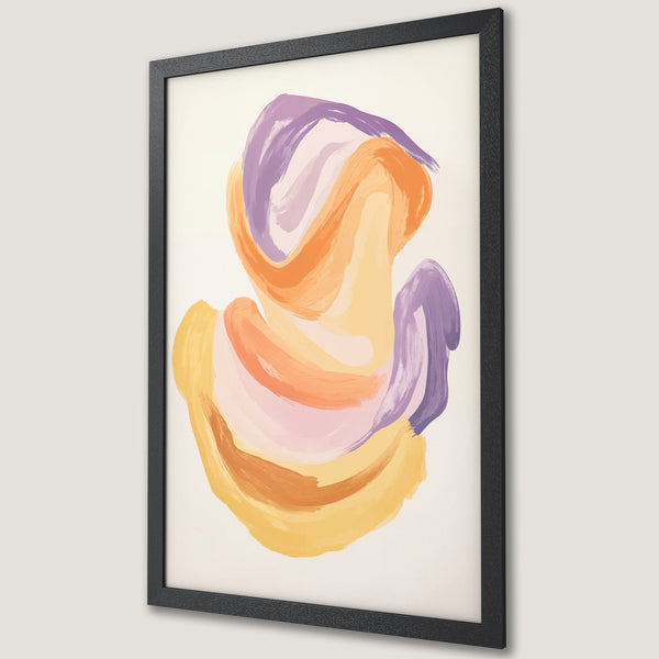 Framed Poster featuring abstract brushstrokes in warm orange, yellow, and purple hues. Modern art print for stylish home decor.
