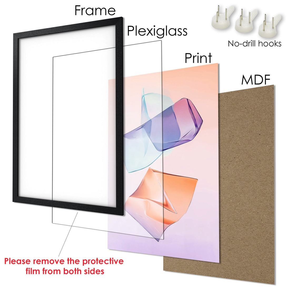 Framed Poster with abstract art in pastel colors. Modern decor, ready to hang.