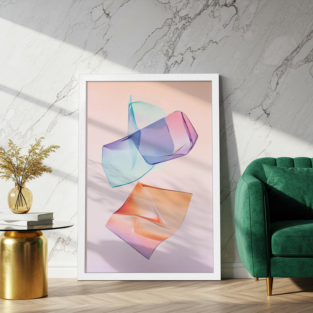 Framed Poster featuring abstract, flowing shapes in a pastel color palette. Modern art print for home decor.