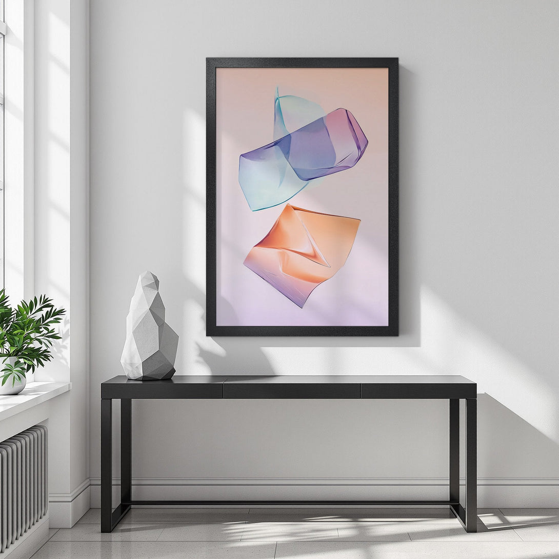 Framed Poster featuring abstract art in pastel colors. Modern style, perfect for home decor.