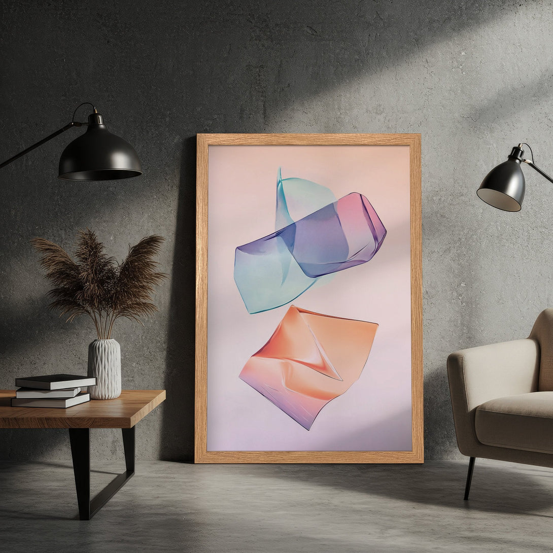Framed Poster featuring abstract, flowing shapes in a soft pastel color palette. Modern art print for home decor.