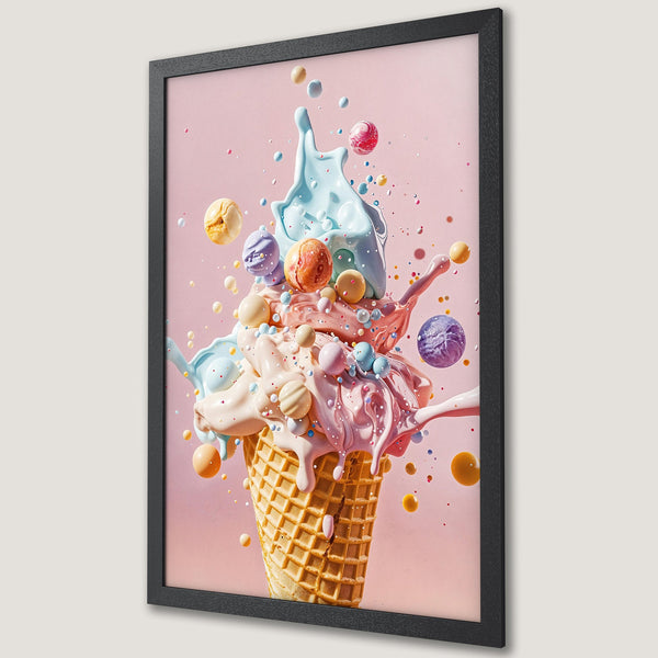 Framed Poster featuring a whimsical ice cream cone illustration. Pastel color palette with playful, abstract style. Perfect wall art for a sweet touch.