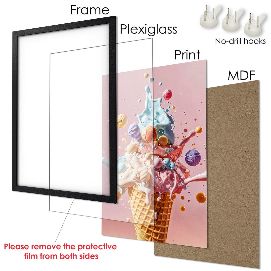 Framed Poster featuring a colorful ice cream cone illustration in a vibrant, pastel palette. Perfect wall art!