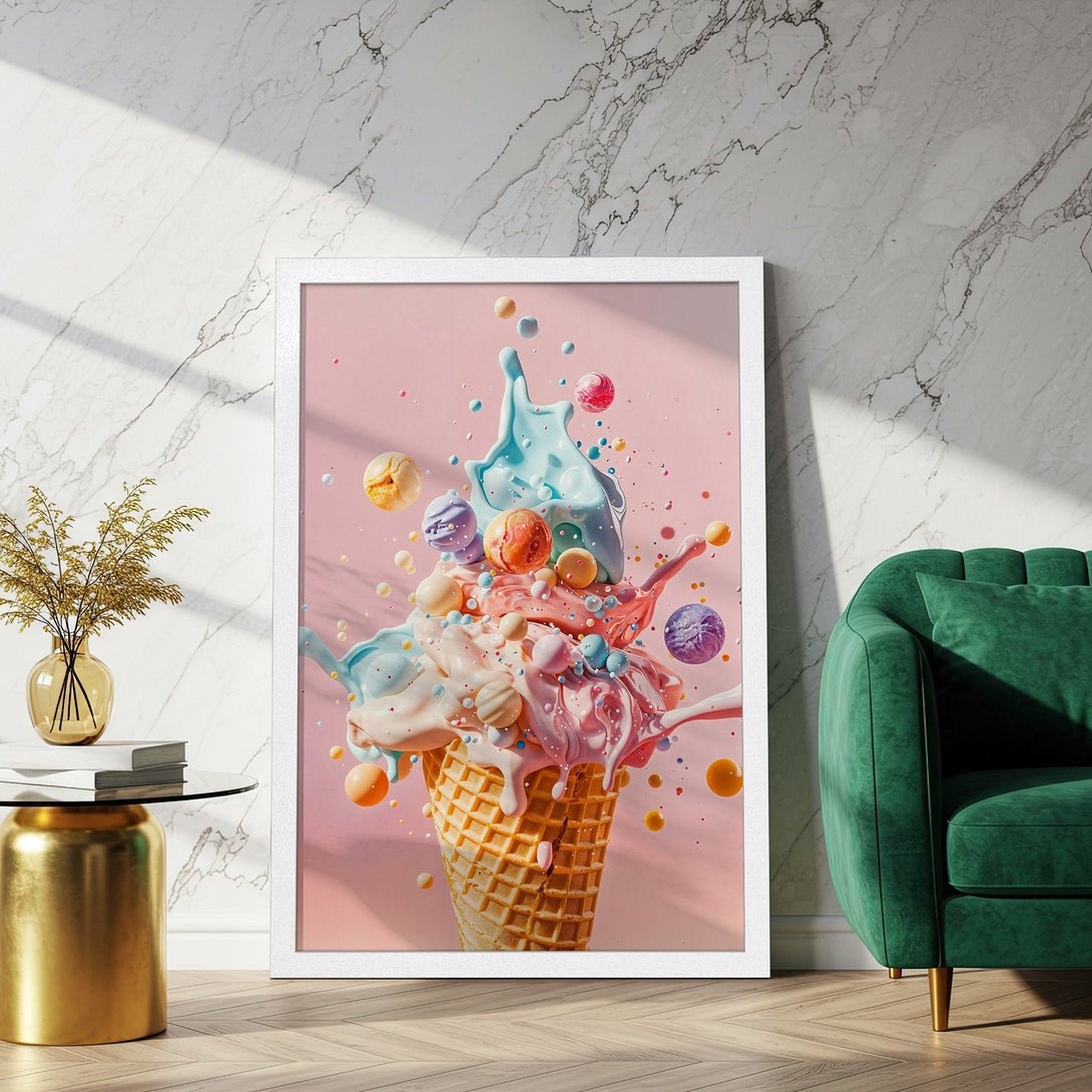 Framed Poster featuring a whimsical ice cream cone design in pastel pinks, blues, and oranges. Modern art style. Perfect wall decor!