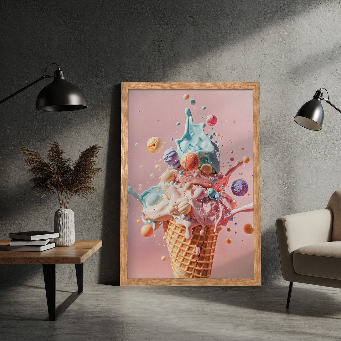 Framed Poster featuring a colorful, splashy ice cream cone art print. Pastel color palette, perfect wall decor for any space.