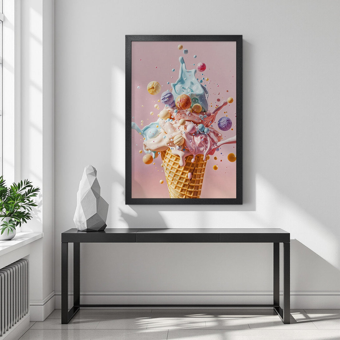 Framed Poster of a colorful ice cream explosion, perfect for adding a touch of fun to any space. Pastel color palette.