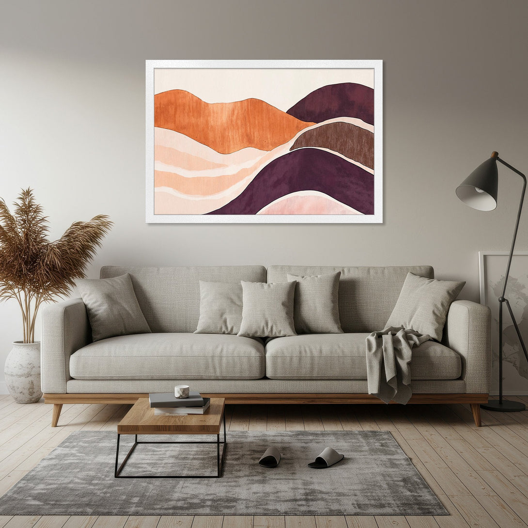 Framed Poster featuring abstract landscape art in warm orange, purple, and neutral tones. Modern, minimalist style for a stylish home decor upgrade.