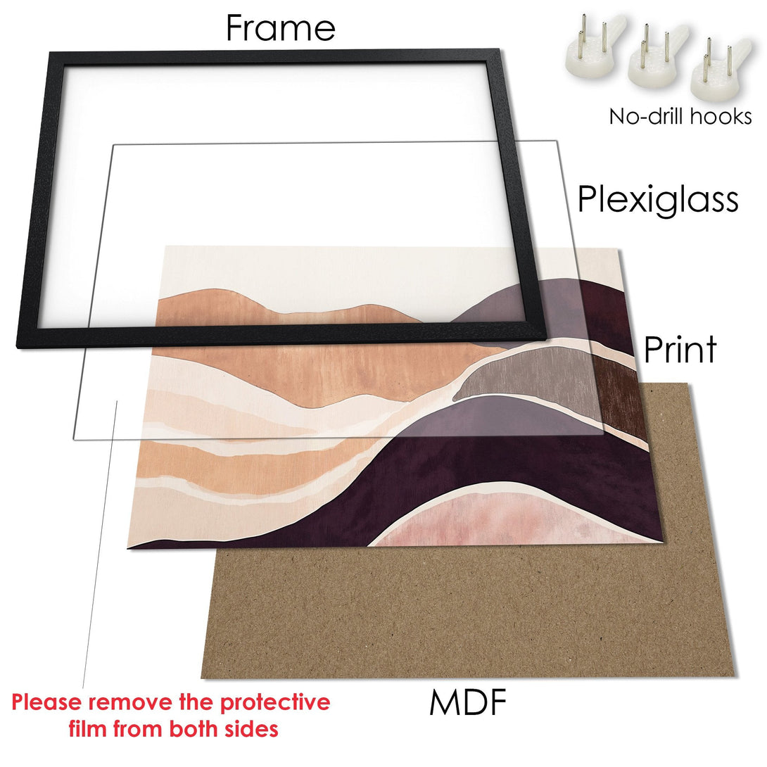 Framed Poster featuring an abstract landscape in a warm, earthy color palette. Modern art print for home decor.